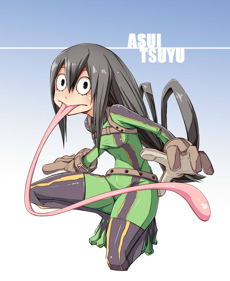 1girl asui_tsuyu belt black_eyes black_hair bodysuit boku_no_hero_academia frog_girl gloves long_hair monster_girl solo tongue very_long_tongue