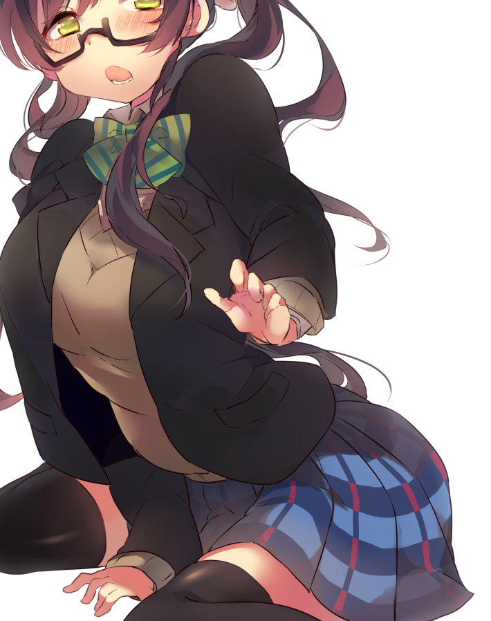 1girl bespectacled black-framed_glasses black_legwear blush bow breasts chestnut_mouth glasses long_hair love_live!_school_idol_project miseinen open_mouth purple_hair school_uniform semi-rimless_glasses simple_background sitting skirt solo sweater thigh-highs toujou_nozomi under-rim_glasses wariza white_background yellow_eyes