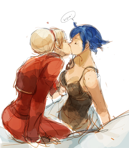 1girl ash_crimson blonde_hair blue_hair breasts cleavage closed_eyes couple elisabeth_blanctorche french hairband hetero king_of_fighters kiss large_breasts muse_(rainforest) short_hair sketch