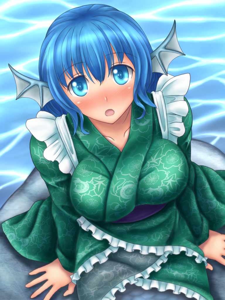 1girl blue_eyes blue_hair blush breasts collarbone head_fins hozenkakari japanese_clothes kimono large_breasts looking_at_viewer mermaid monster_girl obi open_mouth revision sash sitting_on_rock solo touhou wakasagihime water