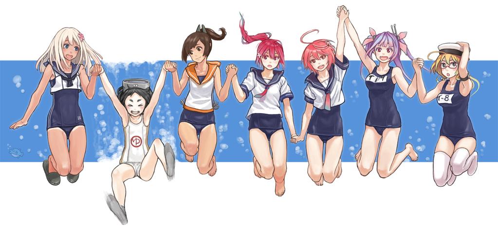 6+girls ahoge bangs bare_shoulders black_hair blonde_hair blue_eyes blue_hair blunt_bangs crop_top diving_mask diving_mask_on_head flower glasses gufu6 hair_flower hair_ornament hair_ribbon hands_together high_ponytail i-168_(kantai_collection) i-19_(kantai_collection) i-401_(kantai_collection) i-58_(kantai_collection) i-8_(kantai_collection) kantai_collection lineup long_hair long_ponytail low_twintails maru-yu_(kantai_collection) multiple_girls name_tag one-piece_swimsuit open_mouth pink_hair ponytail purple_hair ribbon ro-500_(kantai_collection) sailor_collar school_swimsuit school_uniform serafuku short_hair skirt swimsuit swimsuit_under_clothes tan tanline thigh-highs tri_tails twintails white_legwear white_school_swimsuit white_swimsuit
