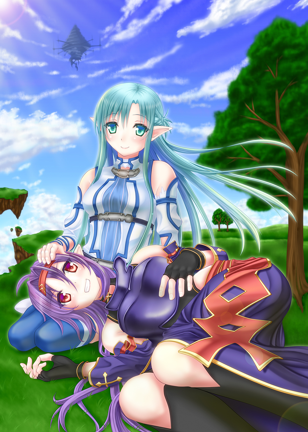 2girls aincrad asuna_(sao) asuna_(sao-alo) blue_eyes blue_hair breastplate fingerless_gloves gloves green hairband highres lap_pillow long_hair lying multiple_girls on_side pointy_ears purple_hair red_eyes sooichi_(diabolicemission) sword_art_online yuuki_(sao)