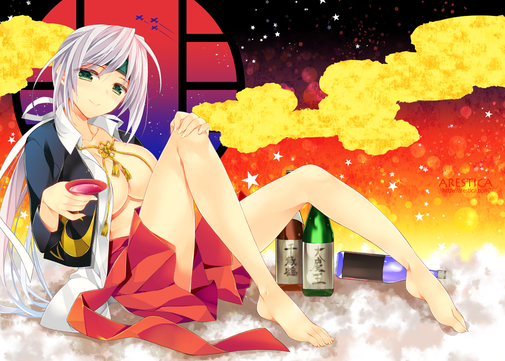 1girl airplane ariko_youichi bare_legs barefoot bottle breasts chitose_(kantai_collection) clouds collarbone cropped_jacket green_eyes hair_ribbon hakama_skirt hand_on_own_knee headband kantai_collection large_breasts open_clothes open_shirt ponytail ribbon round_window sakazuki sake_bottle silver_hair sitting smile star starry_background