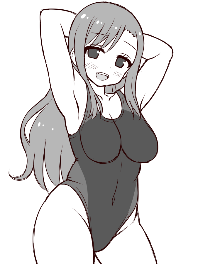 1girl arms_behind_head competition_swimsuit long_hair monochrome one-piece_swimsuit original sakaura_(layer255) swimsuit