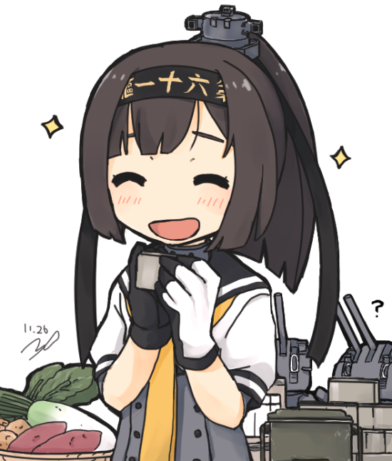 1girl :d akizuki_(kantai_collection) brown_hair chou-10cm-hou-chan food gloves hairband kantai_collection natsume_(na_tsumen) open_mouth ponytail potato radish school_uniform serafuku smile sweet_potato