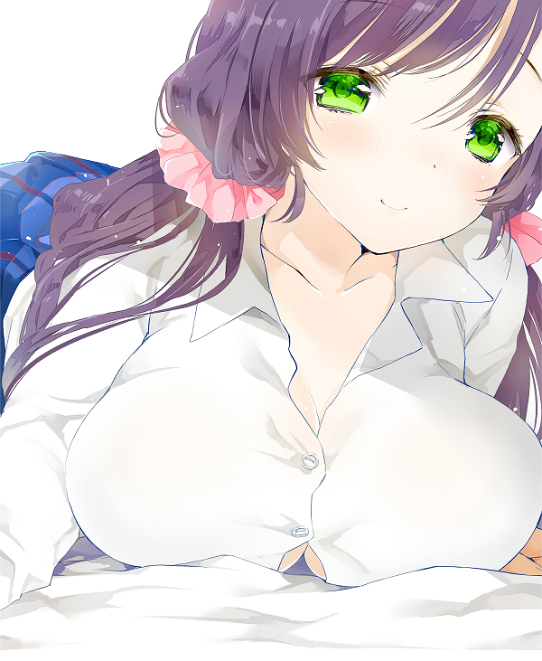 1girl black_hair breasts cleavage collarbone green_eyes large_breasts long_hair looking_at_viewer love_live!_school_idol_project low_twintails lying mozuku0613 on_stomach school_uniform scrunchie shirt skirt smile solo toujou_nozomi twintails