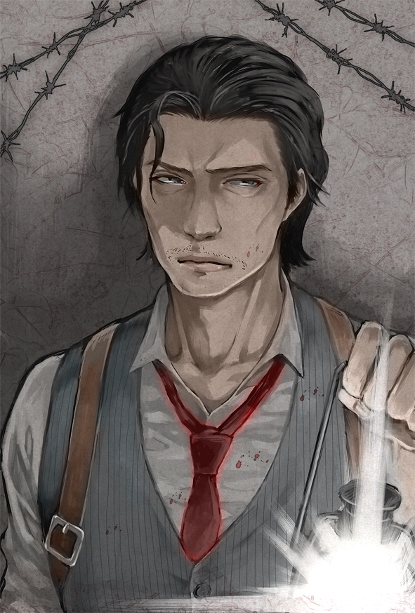 1boy barbed_wire black_hair facial_hair hal_(sakurajam) lantern sebastian_castellanos solo stubble the_evil_within vest waistcoat