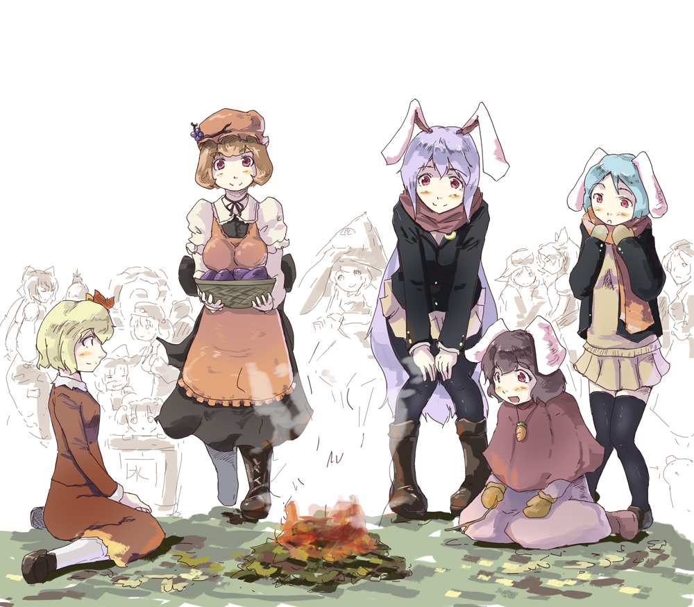 6+girls adapted_costume aki_minoriko aki_shizuha animal_ears apron basket bent_over black_legwear blazer boots brown_hair bucket campfire capelet carrot carrying crowd food fruit grapes hair_ornament heiya in_bucket in_container inaba_tewi jacket jewelry karakasa_obake kawashiro_nitori kiss long_hair long_sleeves mittens mob_cap multiple_girls necklace pendant puffy_short_sleeves puffy_sleeves purple_hair rabbit_ears red_eyes reisen reisen_udongein_inaba scarf shirt short_sleeves siblings silver_hair sisters sitting skirt skirt_set smile sweet_potato tatara_kogasa thigh-highs touhou umbrella very_long_hair wariza winter_clothes