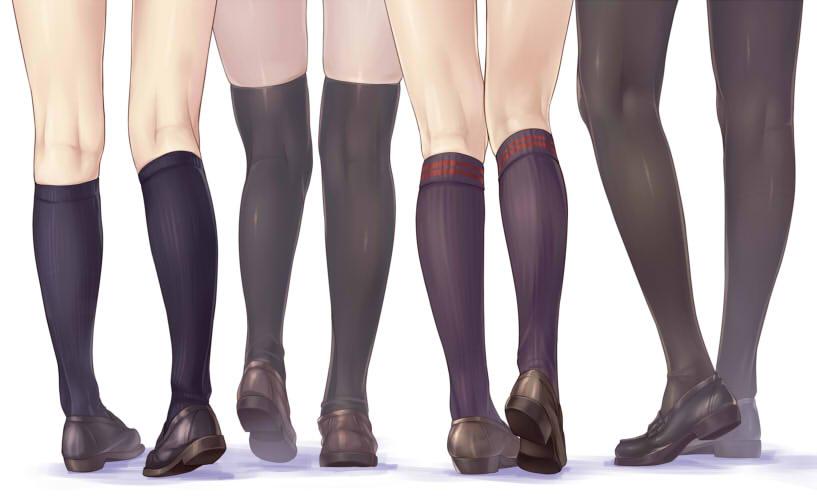 2d 4girls black_legwear kneehighs legs multiple_girls original pantyhose shoes thigh-highs white_background