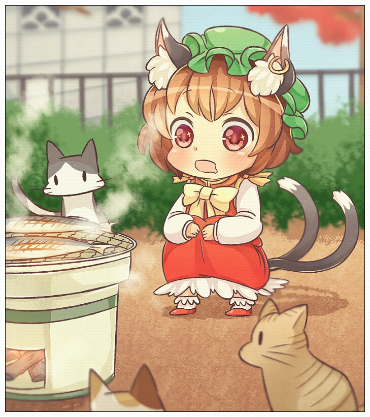 1girl animal_ears bow brown_hair cat cat_ears cat_tail chen commentary_request dress drooling ear_piercing fish grill grilling ibarashiro_natou jewelry long_sleeves mob_cap multiple_tails open_mouth piercing red_dress red_eyes shirt single_earring smile solo squatting staring tail touhou