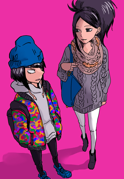 2girls backpack bag beanie black_hair boku_no_hero_academia hat jirou_kyouka multiple_girls scarf shoes short_hair sneakers sweater vest yaoyorozu_momo