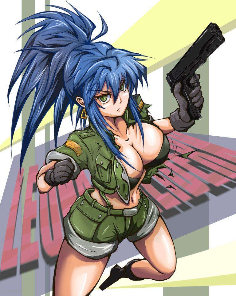 1girl black_gloves blue_hair bra breasts character_name cleavage cropped_jacket dew_(dewichi) earrings gloves green_eyes gun handgun jacket jewelry king_of_fighters large_breasts leona_heidern long_hair m1911 midriff navel open_clothes open_jacket pistol ponytail running shorts solo strapless_bra suspenders underwear weapon