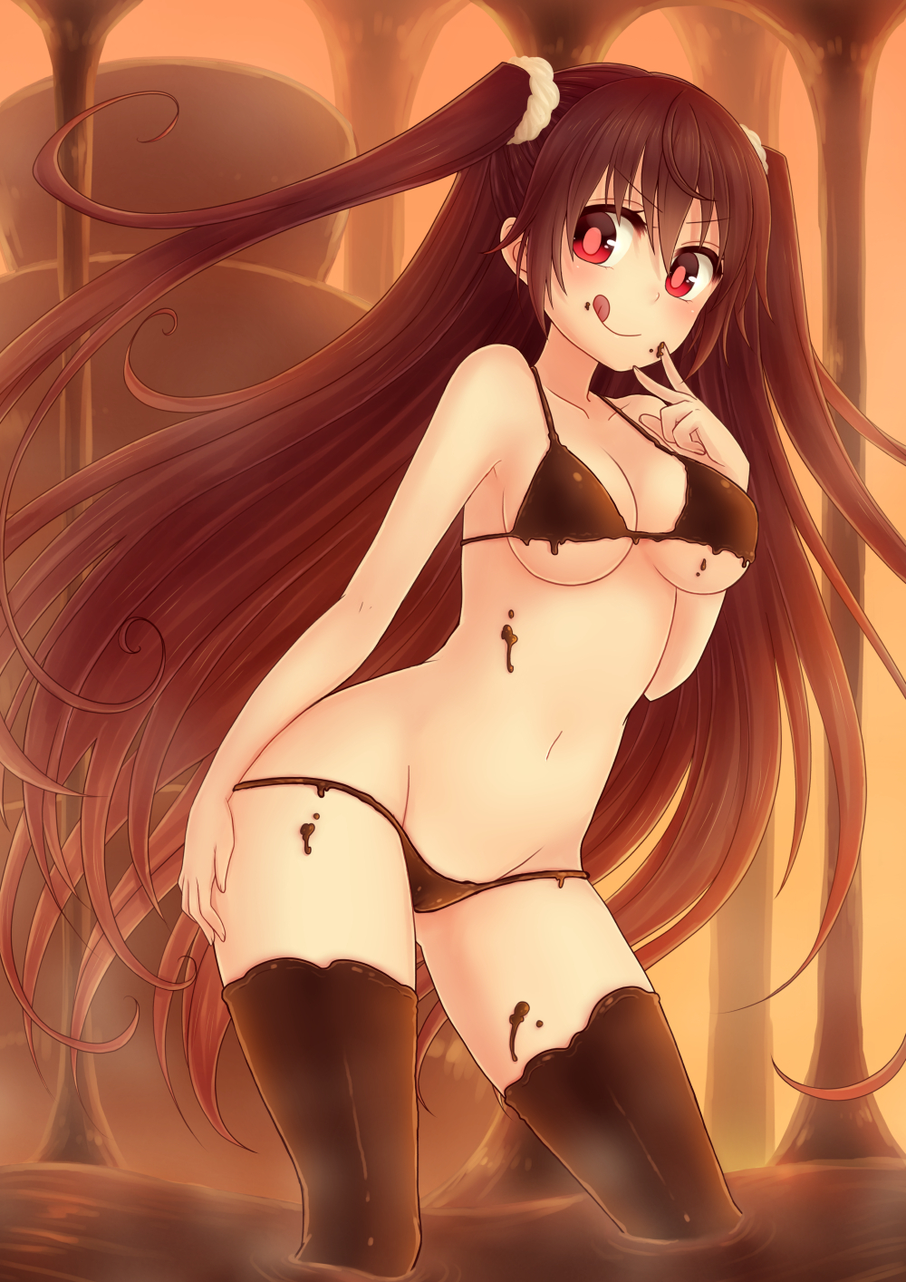1girl :q bikini blush breasts brown_hair chocolate chocolate_clothes cleavage food_as_clothes highres large_breasts long_hair miruki mound_of_venus naked_chocolate navel nude original red_eyes smile solo swimsuit thigh-highs tongue tongue_out twintails valentine very_long_hair