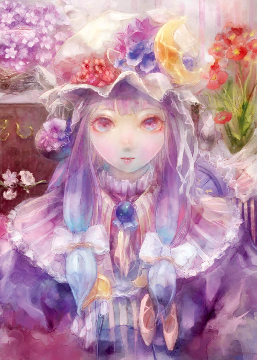 1girl adapted_costume alternate_costume bow capelet crescent flower hair_bow hair_ornament hat hat_flower highres hogecomhoge lips long_hair mob_cap patchouli_knowledge portrait purple_hair smile solo touhou vest violet_eyes