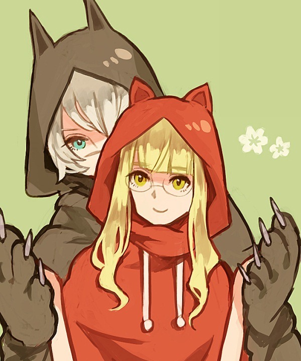 2girls animal_costume animal_ears animal_hood bangs big_bad_wolf_(cosplay) big_bad_wolf_(grimm) blonde_hair blue_eyes blunt_bangs cat_ears cloak cosplay flower glasses green_background hanna_rudel hood little_red_riding_hood little_red_riding_hood_(cosplay) little_red_riding_hood_(grimm) long_hair multiple_girls nose_scar perrine_h_clostermann scar shirono_kuma simple_background smile strike_witches white_hair wolf_costume wolf_ears yellow_eyes