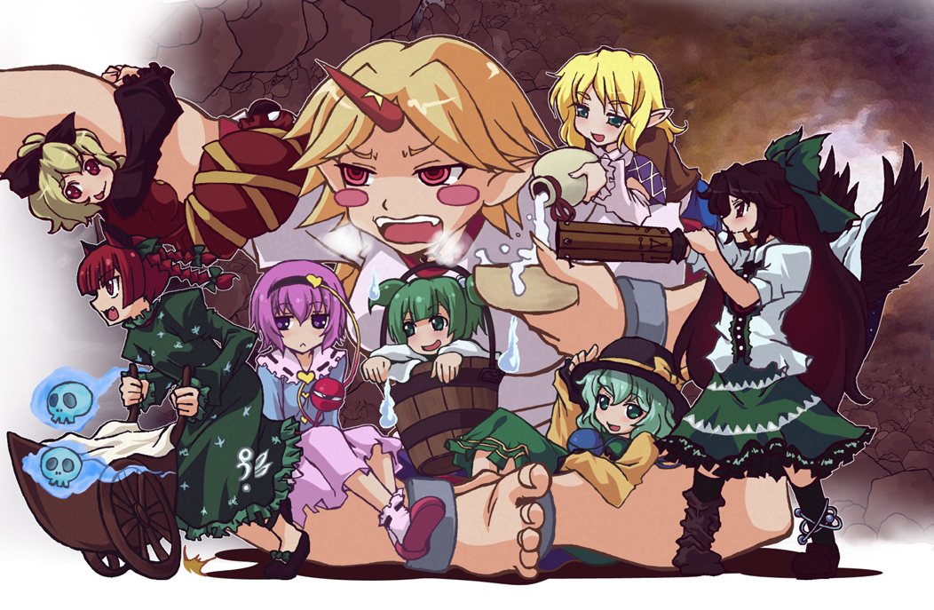 6+girls akuto alcohol animal_ears arm_cannon blonde_hair bow braid bucket cat_ears cat_tail dress eyeball giantess gourd green_eyes green_hair hair_bobbles hair_bow hair_ornament hairband hat hat_ribbon heart hitodama horn hoshiguma_yuugi in_bucket in_container kaenbyou_rin kisume komeiji_koishi komeiji_satori kurodani_yamame long_hair mizuhashi_parsee multiple_girls multiple_tails open_mouth pink_hair pointy_ears ponytail purple_hair red_eyes redhead reiuji_utsuho ribbon sake scarf short_hair skirt skull smile subterranean_animism tail third_eye tongue tongue_out touhou twin_braids twintails violet_eyes weapon wheelbarrow wings