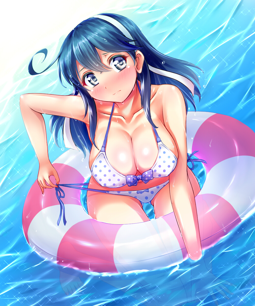 1girl bikini blue_eyes blue_hair blush breasts cleavage collarbone hair_ribbon highres innertube kantai_collection large_breasts long_hair polka_dot polka_dot_bikini polka_dot_swimsuit ribbon side-tie_bikini solo stir255 swimsuit untying ushio_(kantai_collection) water wet