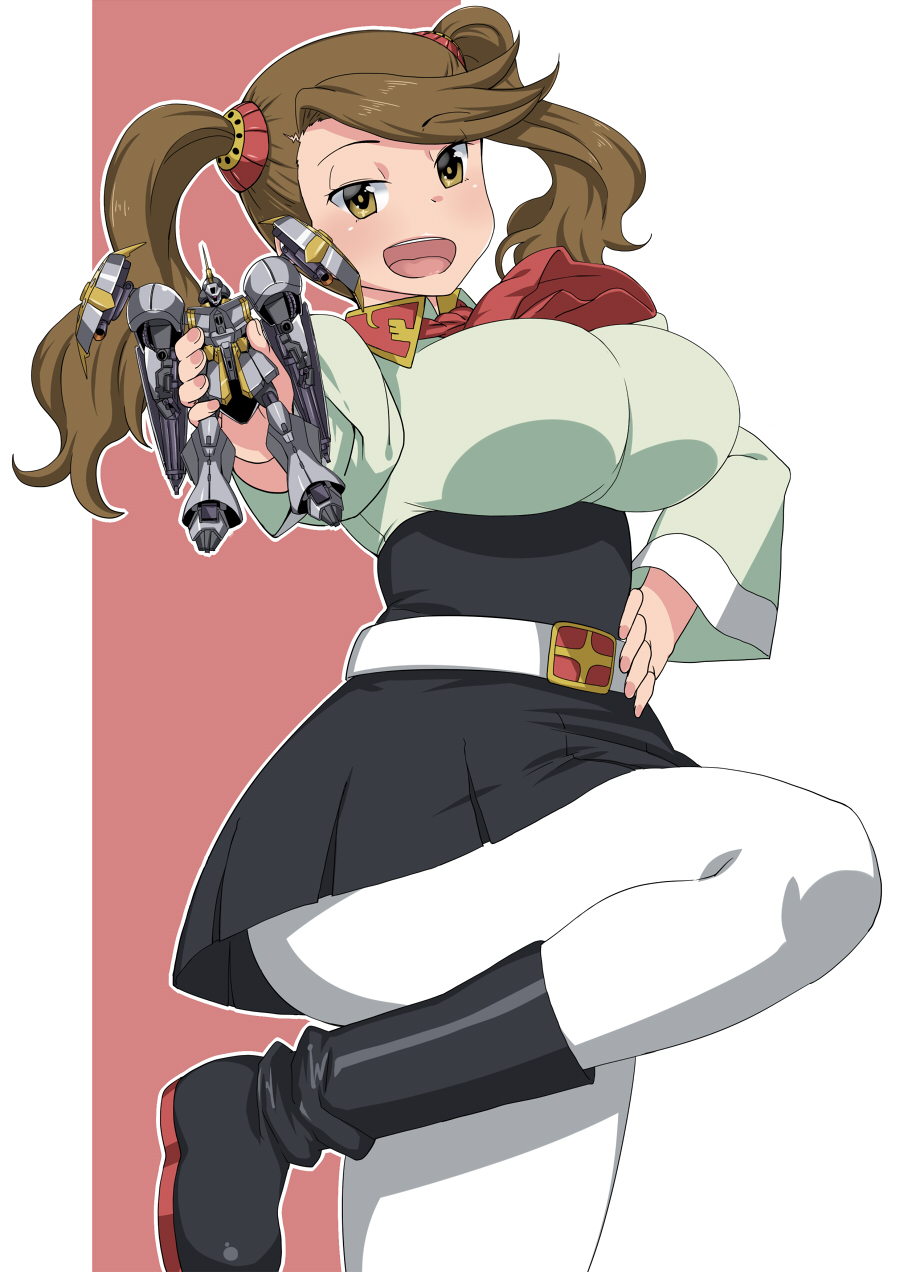 1girl boots breasts brown_eyes brown_hair gundam gundam_build_fighters gundam_build_fighters_try hand_on_hip highres large_breasts leg_up long_hair looking_at_viewer maru_(maruttona) open_mouth pantyhose r-gyagya sazaki_kaoruko smile solo twintails