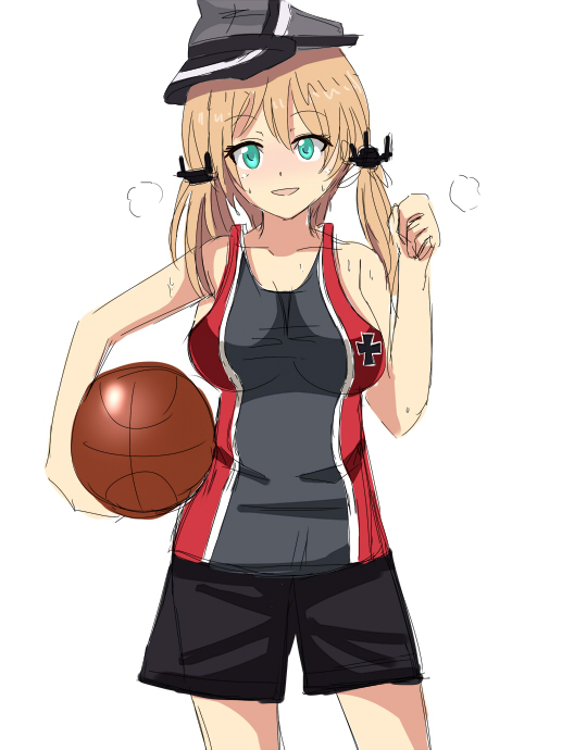 1girl adapted_costume anchor_hair_ornament aqua_eyes bare_shoulders basketball basketball_uniform blonde_hair blush breasts cleavage collarbone cowboy_shot hair_ornament hair_ribbon hat holding kantai_collection long_hair open_mouth peaked_cap prinz_eugen_(kantai_collection) ribbon shorts shuugetsu sideboob simple_background smile solo sportswear sweat tank_top twintails white_background