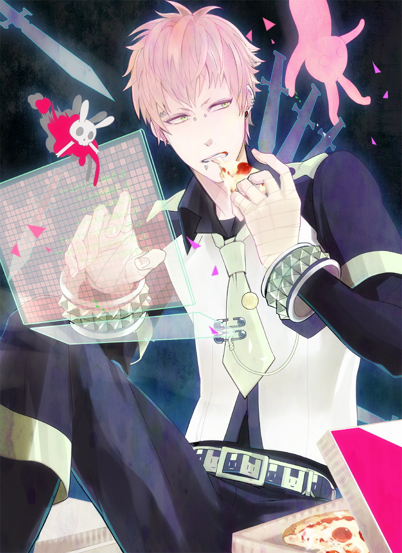 1boy blonde_hair bracelet bridge_piercing dramatical_murder earrings eyebrow_piercing food green_eyes hellipa holographic_touchscreen jewelry labret_piercing male necktie noiz_(dramatical_murder) piercing pizza safety_pin solo