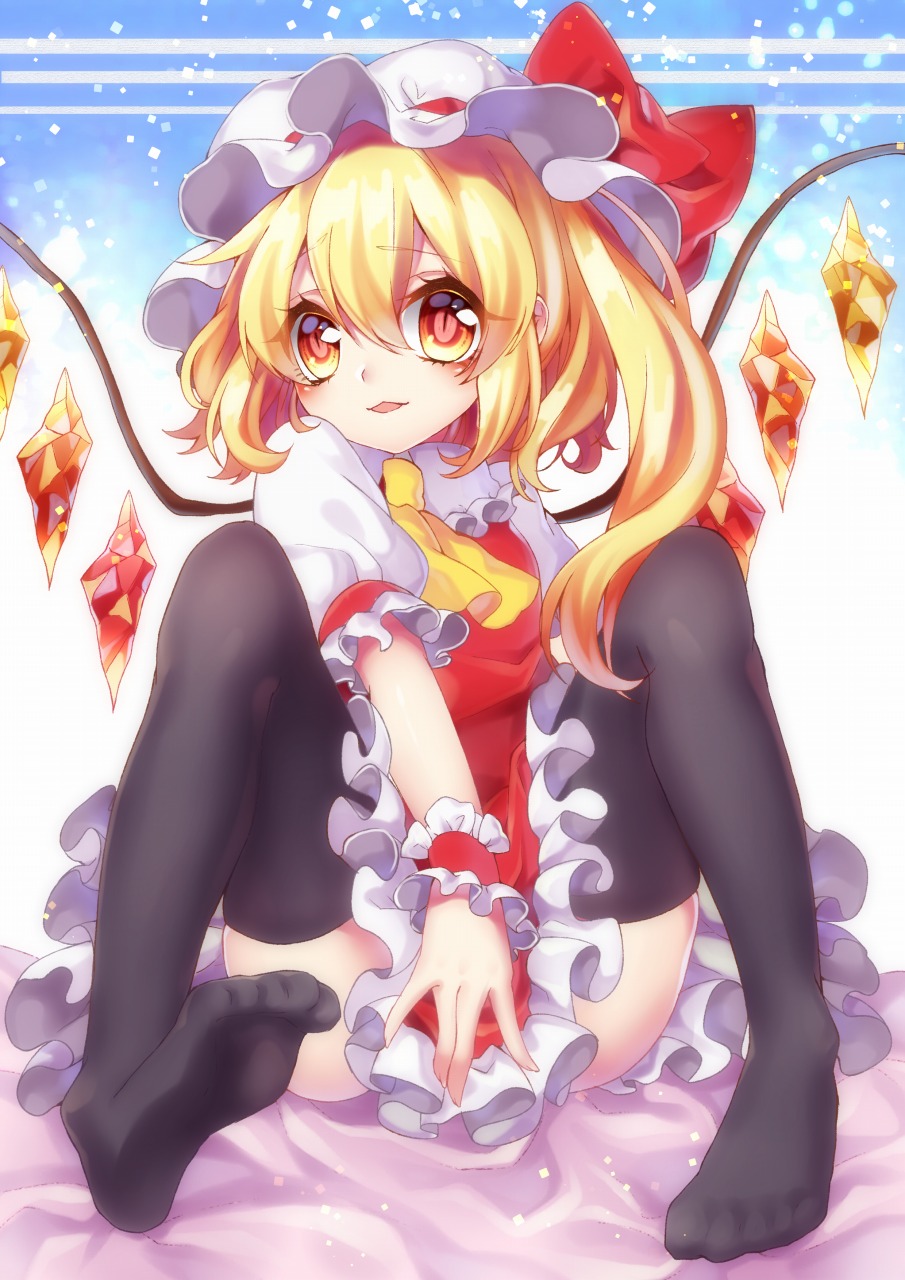 1girl :d ascot bed_sheet black_legwear flandre_scarlet highres looking_at_viewer mob_cap no_shoes open_mouth orange_eyes side_ponytail sitting smile solo suzuka_sario thigh-highs touhou wings wrist_cuffs