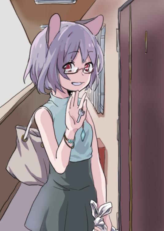 1girl adapted_costume animal_ears bare_shoulders bespectacled blue_shirt door dress glasses grey_dress grey_hair grin looking_at_viewer mouse_ears nazrin pov pov_eye_contact red_eyes semi-rimless_glasses shirt_over_dress short_hair sleeveless sleeveless_shirt smile tojo_(strit2p) touhou