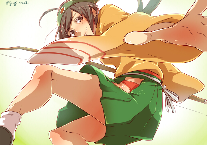 1girl arms_at_sides bow_(weapon) brown_eyes brown_hair from_below green_skirt headband hiryuu_(kantai_collection) holding_weapon japanese_clothes kantai_collection kimono miniskirt outstretched_arm outstretched_hand reaching_out senbiki_(nonono69) short_hair skirt smile weapon