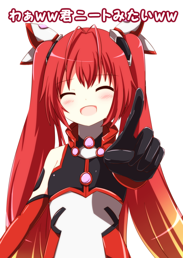 1girl blush closed_eyes elbow_gloves flat_chest gloves gradient_hair hair_ornament kawamiya long_hair multicolored_hair niconico open_mouth ore_twintail_ni_narimasu redhead smile solo tail_red translation_request twintails