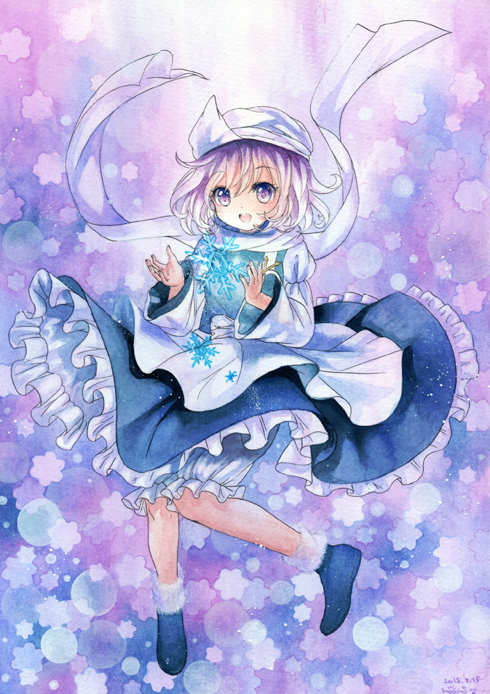 1girl apron blue_dress dress hat juliet_sleeves letty_whiterock long_sleeves mosho open_mouth puffy_sleeves purple_hair scarf shirt smile solo touhou traditional_media violet_eyes waist_apron watercolor_(medium)