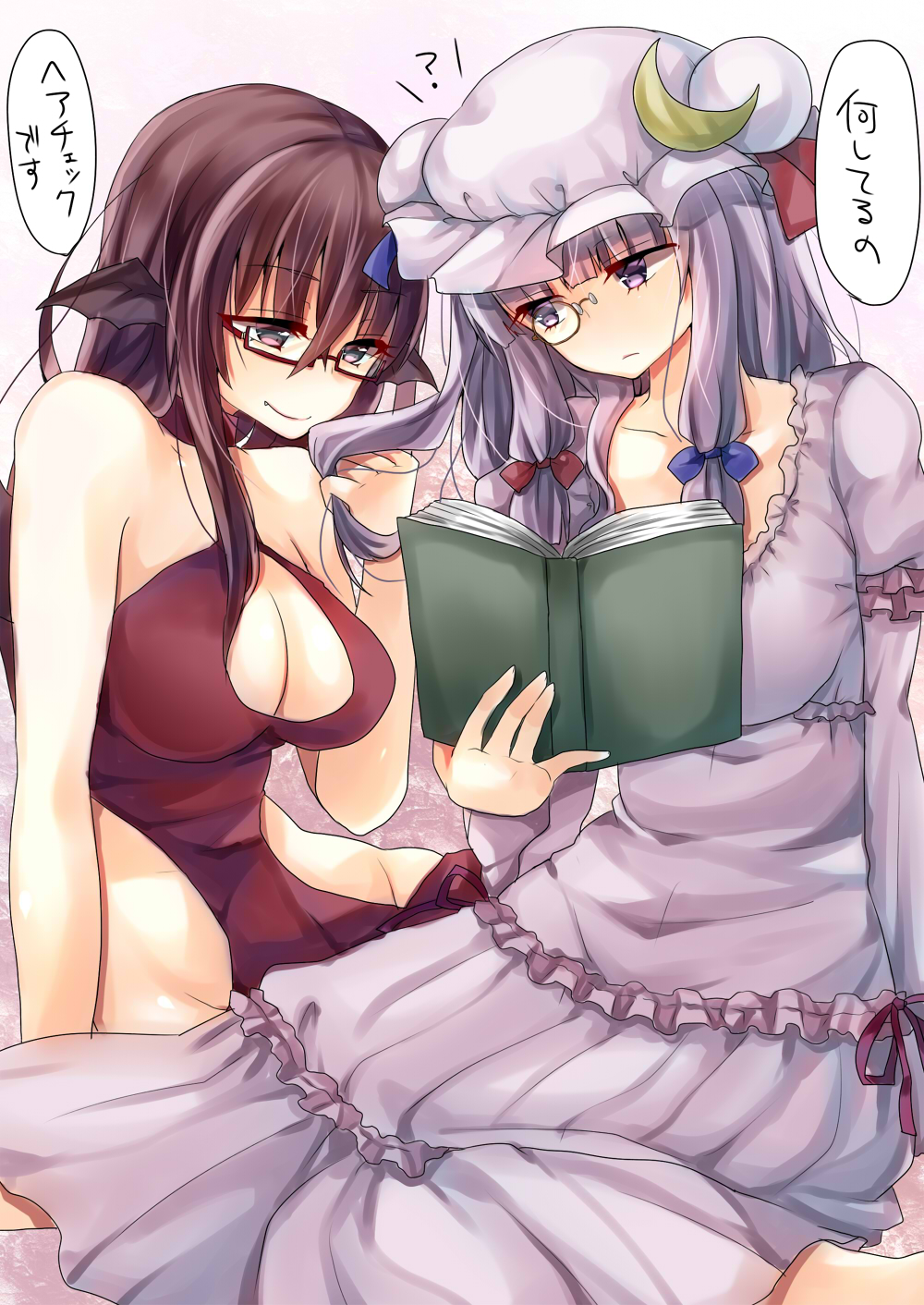 2girls alternate_costume bat_wings bespectacled book breasts brown_eyes brown_hair casual cleavage glasses highres holding koakuma long_hair mimoto_(aszxdfcv) mob_cap multiple_girls pajamas patchouli_knowledge purple_hair touhou translation_request violet_eyes wings