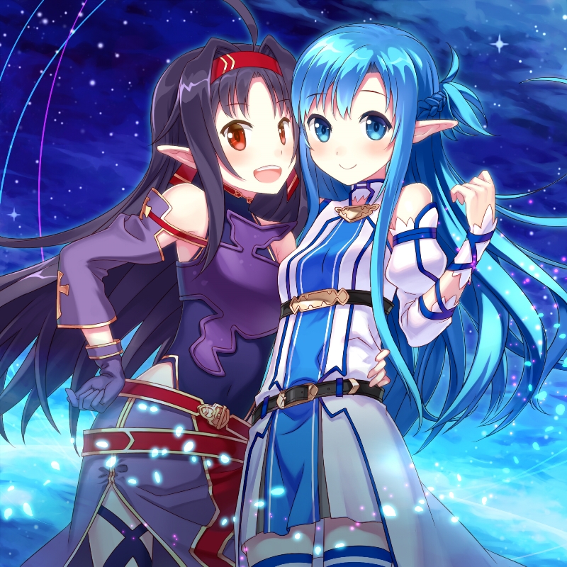 2girls asuna_(sao) asuna_(sao-alo) black_hair blue_eyes blue_hair buntan female gloves hairband long_hair multiple_girls pointy_ears red_eyes sword_art_online thigh-highs yuuki_(sao)