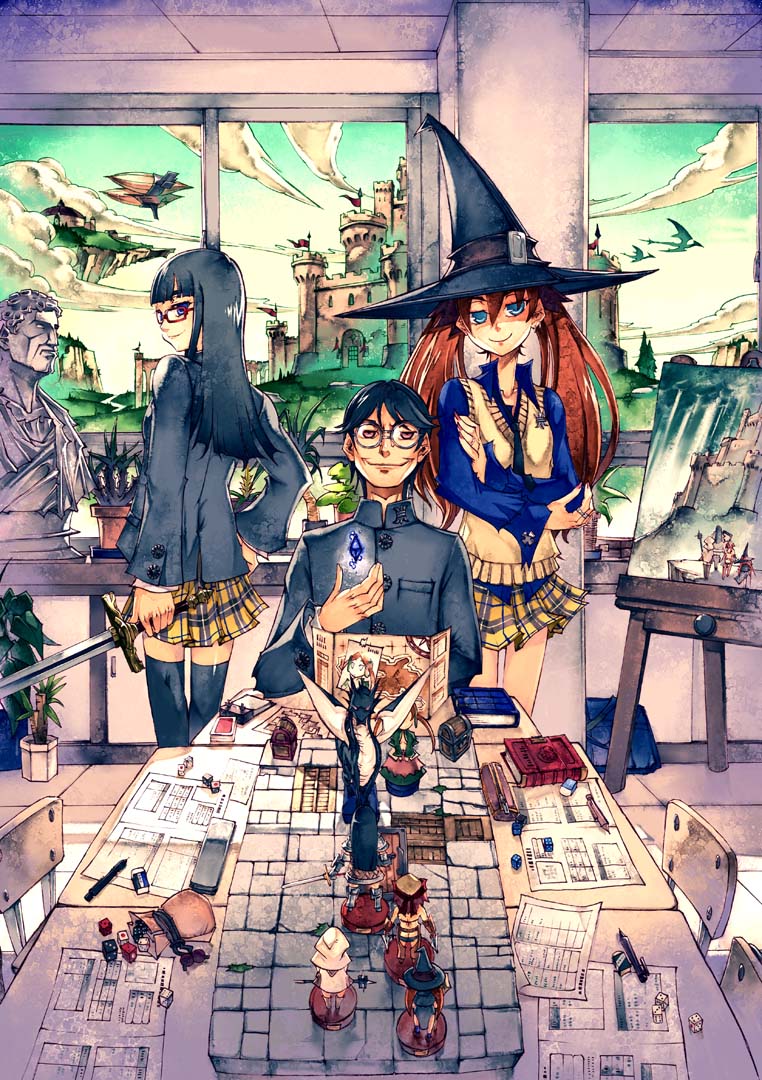 canvas_(object) castle clubroom dice dragon dungeons_and_dragons glasses hat mechanical_pencil original pencil skirt sword tabletop_rpg thigh-highs weapon yoshida_tooru
