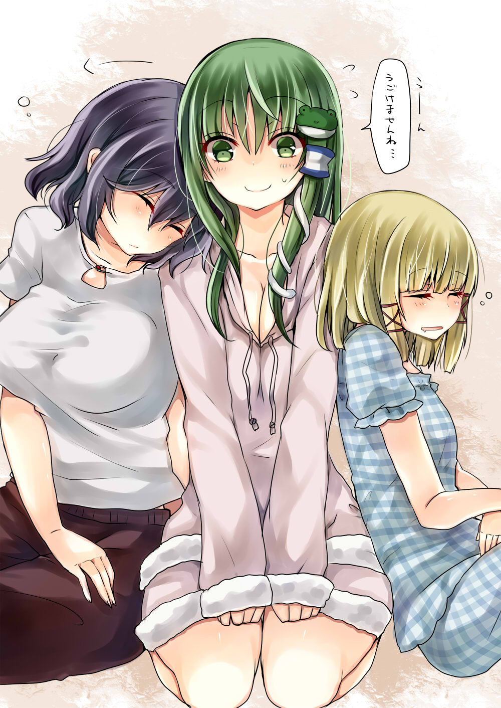 3girls alternate_costume black_hair blonde_hair breasts casual cleavage closed_eyes frog_hair_ornament green_eyes green_hair hair_ornament highres kochiya_sanae long_hair mimoto_(aszxdfcv) moriya_suwako multiple_girls pajamas short_hair sitting sleeping sleeping_on_person smile snake_hair_ornament sweater touhou translation_request yasaka_kanako