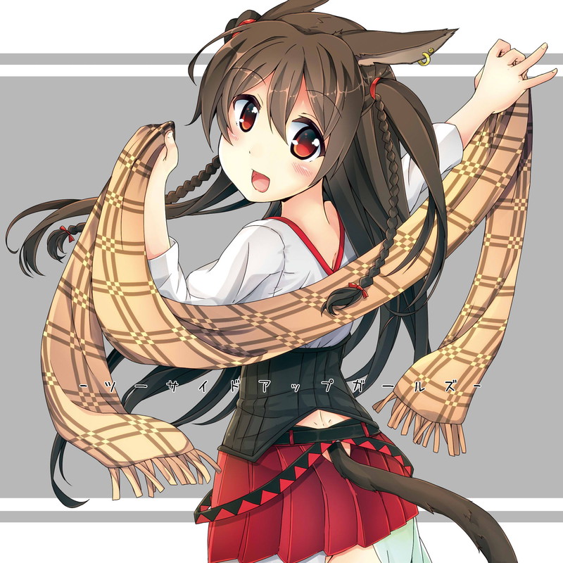 1girl animal_ears braid brown_hair cat_ears cat_tail ear_piercing earrings jewelry long_hair looking_at_viewer looking_back open_mouth original oruto_(ort+) piercing pleated_skirt red_eyes scarf shirt skirt smile solo tail twin_braids two_side_up very_long_hair vest