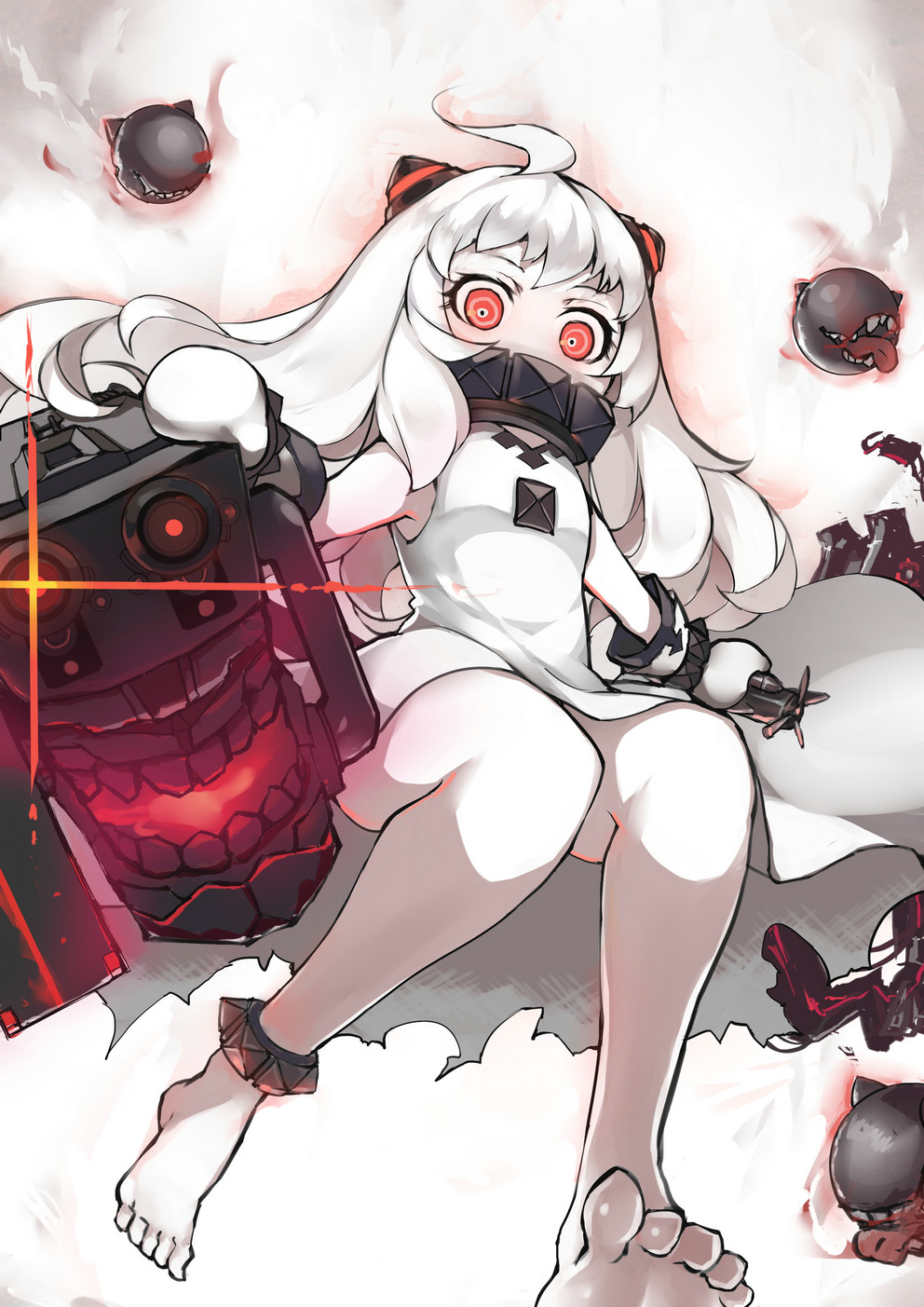1girl ahoge airplane dress from_below g.h_(gogetsu) highres holding horns kantai_collection long_hair looking_at_viewer machinery mittens northern_ocean_hime pale_skin red_eyes shinkaisei-kan solo white_dress white_hair