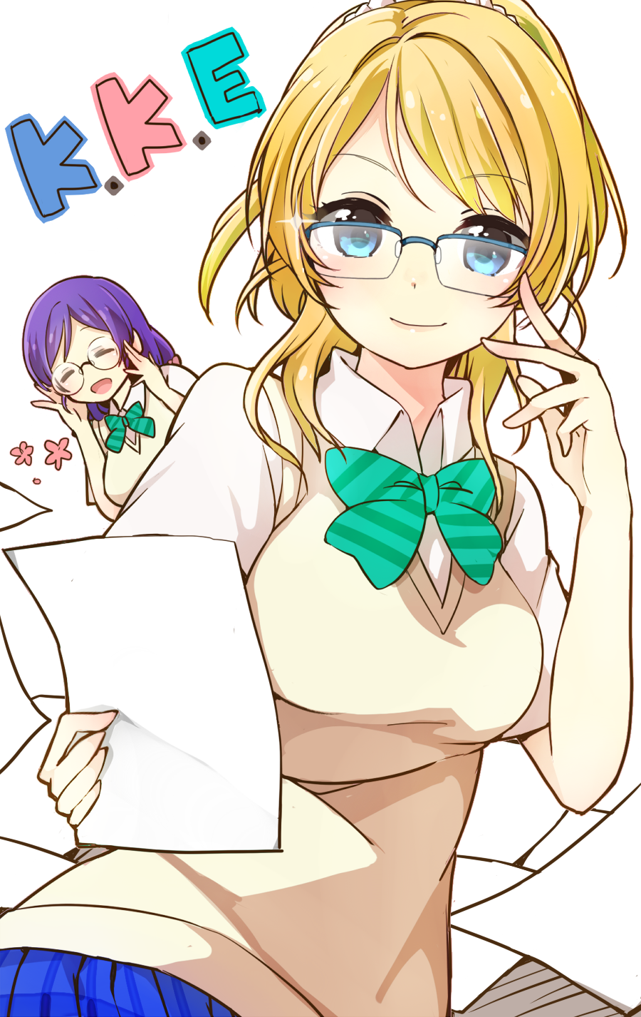 :d ^_^ adjusting_glasses ayase_eli bespectacled blonde_hair blue-framed_glasses blue_eyes bowtie closed_eyes dot_nose english flower glasses glint highres holding long_hair looking_at_viewer love_live!_school_idol_project mii_(nano0o0) open_mouth over-rim_glasses paper ponytail school_uniform semi-rimless_glasses short_sleeves simple_background smile striped striped_bowtie toujou_nozomi violet_eyes white_background