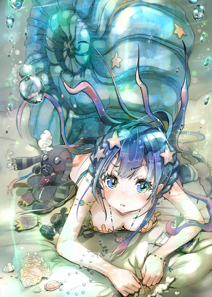 1girl blue_eyes blue_hair hair_ornament jewelry long_hair looking_at_viewer monster_girl necklace original shell solo soramu stuffed_animal stuffed_toy teddy_bear underwater