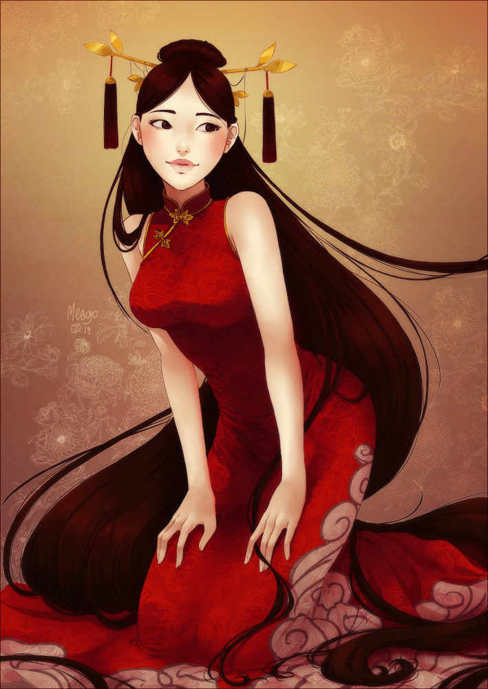 1girl arm_support bare_arms breasts brown_eyes brown_hair chinese_clothes dress hair_bun hair_ornament kneeling lips long_hair looking_to_the_side meago original personification qipao red_dress solo very_long_hair