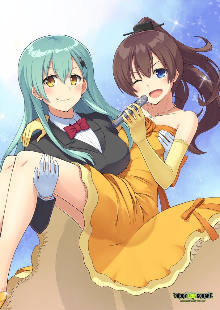 2girls alternate_costume aqua_eyes aqua_hair breasts brown_hair carrying elbow_gloves formal gloves hair_ornament hairclip jewelry kantai_collection kumano_(kantai_collection) long_dress long_hair microphone multiple_girls necklace necktie oyaji-sou ponytail princess_carry smile suit suzuya_(kantai_collection) tuxedo white_gloves yellow_eyes yellow_gloves