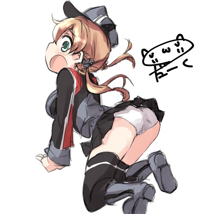 1girl anchor_hair_ornament aqua_eyes ass black_legwear black_skirt blonde_hair blush darkside hair_ribbon hat kantai_collection long_hair long_sleeves microskirt military military_uniform open_mouth over-kneehighs panties peaked_cap pleated_skirt prinz_eugen_(kantai_collection) ribbon sideways_mouth signature simple_background skirt solo thigh-highs twintails underwear uniform white_background white_panties