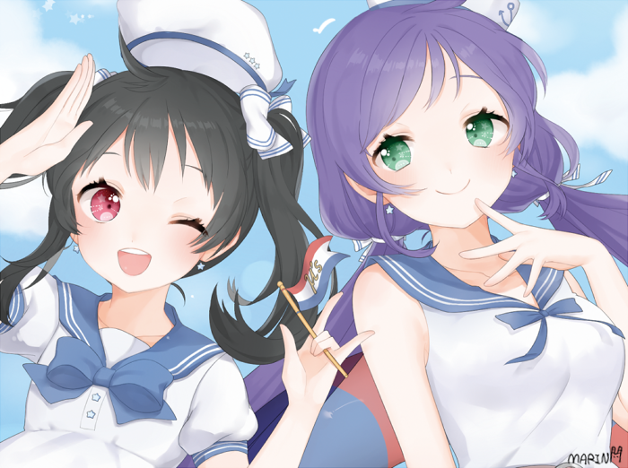2girls ;d black_hair blush bow breasts flag green_eyes hair_bow hat long_hair love_live!_school_idol_project marin_(myuy_3) multiple_girls one_eye_closed open_mouth purple_hair red_eyes sailor_collar sailor_hat salute smile toujou_nozomi twintails yazawa_nico