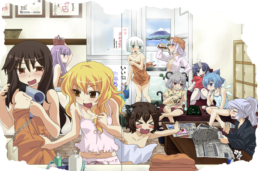 &gt;_&lt; 6+girls akuto animal_ears basket bath blonde_hair blue_eyes blue_hair board_game bow brown_hair cat_ears chen cirno fang fujiwara_no_mokou go green_eyes grey_hair hair_bow hair_dryer hakurei_reimu horns ibuki_suika ice ice_wings japanese_clothes kimono kirisame_marisa konpaku_youmu long_hair miyako_yoshika mononobe_no_futo mount_fuji mouse_ears mouse_tail multiple_girls nazrin newspaper no_hat ofuda open_mouth outstretched_arms patchouli_knowledge ponytail purple_hair red_eyes short_hair silver_hair smile t-shirt tail tears touhou towel underwear wings yellow_eyes yukata