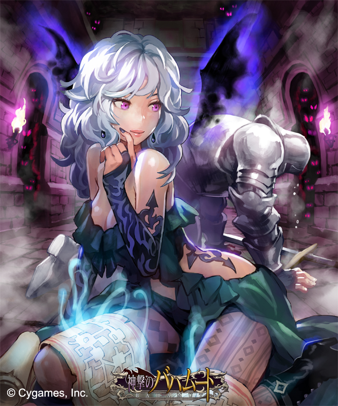 1boy 1girl all_fours armor bare_shoulders boots bridal_gauntlets copyright_name earrings elbow_gloves flame gloves glowing glowing_eyes hand_on_own_chin helmet jewelry long_hair map matsuda_(matsukichi) pantyhose shingeki_no_bahamut shorts silver_hair smile sweat sword torch violet_eyes weapon wings