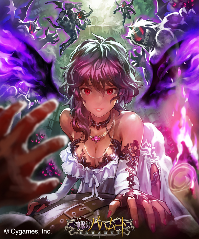 1boy 1girl bare_shoulders demon dress elbow_gloves fingerless_gloves gloves hand_on_another's_chest looking_at_viewer lying matsuda_(matsukichi) on_back pink_hair red_eyes sharp_teeth shingeki_no_bahamut smile solo_focus straddling thigh-highs wings