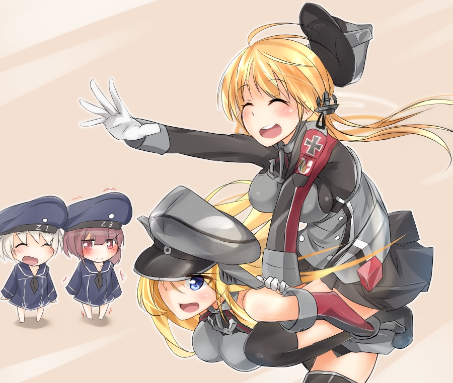 4girls :d ^_^ anchor anchor_hair_ornament bangs bare_shoulders bismarck_(kantai_collection) black_legwear black_skirt blonde_hair blue_dress blue_eyes blunt_bangs blush brown_hair chibi closed_eyes detached_sleeves dress gloves hand_on_another's_shoulder hat hat_over_one_eye hat_removed headwear_removed iron_cross kantai_collection long_hair long_sleeves microskirt military military_hat military_uniform multiple_girls neckerchief open_mouth peaked_cap piggyback pleated_skirt prinz_eugen_(kantai_collection) rinrin_(927413) running sailor_collar sailor_dress sailor_hat short_hair skirt smile thigh-highs trembling twintails uniform white_gloves z1_leberecht_maass_(kantai_collection) z3_max_schultz_(kantai_collection)