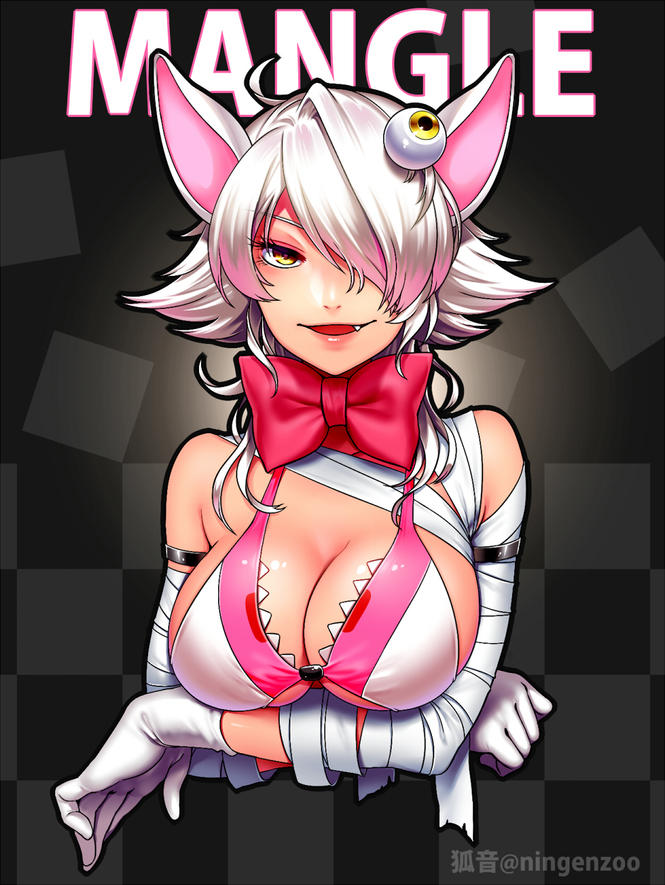 1girl ahoge animal_ears artist_name bandaged_arm bandaged_neck bandages bangs bow bowtie bra breast_hold breasts bust character_name checkered checkered_background cleavage crossed_arms eyeball eyebrows fang five_nights_at_freddy's five_nights_at_freddy's_2 flipped_hair fox_ears gloves hair_over_one_eye highres ko-on_(ningen_zoo) large_bow looking_at_viewer mangle open_mouth personification red_bow shiny shiny_hair shiny_skin short_hair sideboob silver_hair skindentation solo swept_bangs third_eye tsurime twitter_username underwear white_gloves yellow_eyes