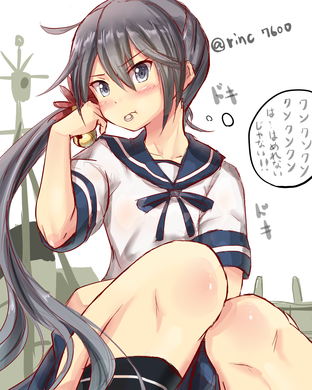 1girl akebono_(kantai_collection) alternate_eye_color alternate_hair_color bell black_eyes black_hair blush feesu_(rinc7600) hair_ornament highres jewelry jingle_bell kantai_collection long_hair mouth ring school_uniform serafuku short_sleeves side_ponytail sketch solo thought_bubble translation_request twitter_username very_long_hair white_background