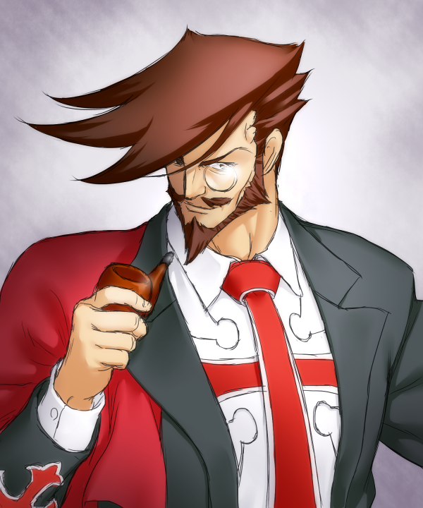 1boy beard brown_hair character_request collared_shirt copyright_request cross facial_hair formal looking_at_viewer manly monocle mustache necktie onsoku_maru smile smoking_pipe solo suit tagme tuxedo