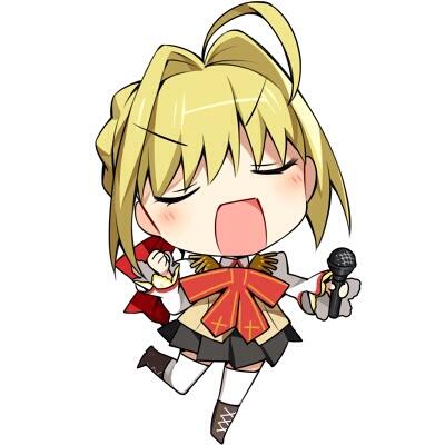 1girl ahoge blonde_hair boots bow chibi closed_eyes fate/extra fate_(series) hair_ribbon hanabana_tsubomi lowres microphone open_mouth ribbon saber_extra school_uniform skirt solo vest white_background