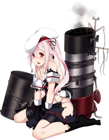 barrel beret blush gradient_hair hair_ornament hairclip harusame_(kantai_collection) hat kantai_collection kneeling looking_at_viewer multicolored_hair official_art panties pink_hair red_eyes school_uniform side_ponytail torn_clothes underwear